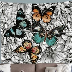 Black and White Flower Moth Butterfly Tapestry