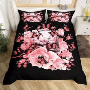 Pink Skull Rose and Butterfly Bedding Set